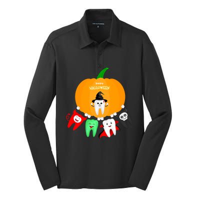 Pumpkin With Dental Squad Halloween Ghost Vampire Cute Teeth Great Gift Silk Touch Performance Long Sleeve Polo