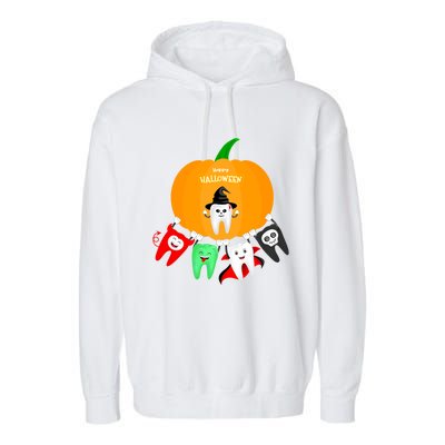 Pumpkin With Dental Squad Halloween Ghost Vampire Cute Teeth Great Gift Garment-Dyed Fleece Hoodie