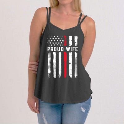 Proud Wife Firefighter Husband Thin Red Line American Flag Gift Women's Strappy Tank