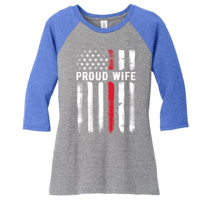 Proud Wife Firefighter Husband Thin Red Line American Flag Gift Women's Tri-Blend 3/4-Sleeve Raglan Shirt