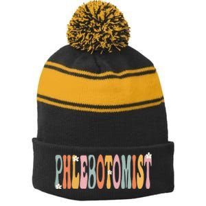 Phlebotomist Week Groovy Appreciation Day For Women For Work Stripe Pom Pom Beanie