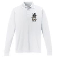 Pineapple Wearing Glasses Leopard Fun Pineapple Performance Long Sleeve Polo