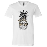 Pineapple Wearing Glasses Leopard Fun Pineapple V-Neck T-Shirt