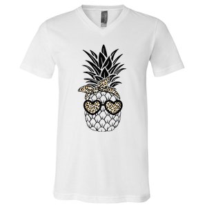 Pineapple Wearing Glasses Leopard Fun Pineapple V-Neck T-Shirt