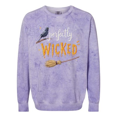 Perfectly Wicked Halloween Women Witchy Raven Broom Colorblast Crewneck Sweatshirt