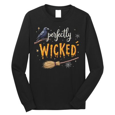 Perfectly Wicked Halloween Women Witchy Raven Broom Long Sleeve Shirt