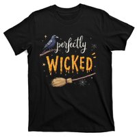 Perfectly Wicked Halloween Women Witchy Raven Broom T-Shirt