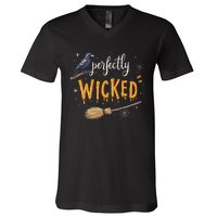 Perfectly Wicked Halloween Women Witchy Raven Broom V-Neck T-Shirt