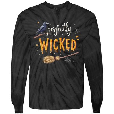 Perfectly Wicked Halloween Women Witchy Raven Broom Tie-Dye Long Sleeve Shirt