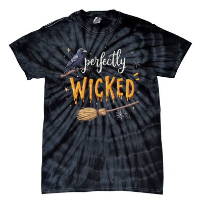 Perfectly Wicked Halloween Women Witchy Raven Broom Tie-Dye T-Shirt