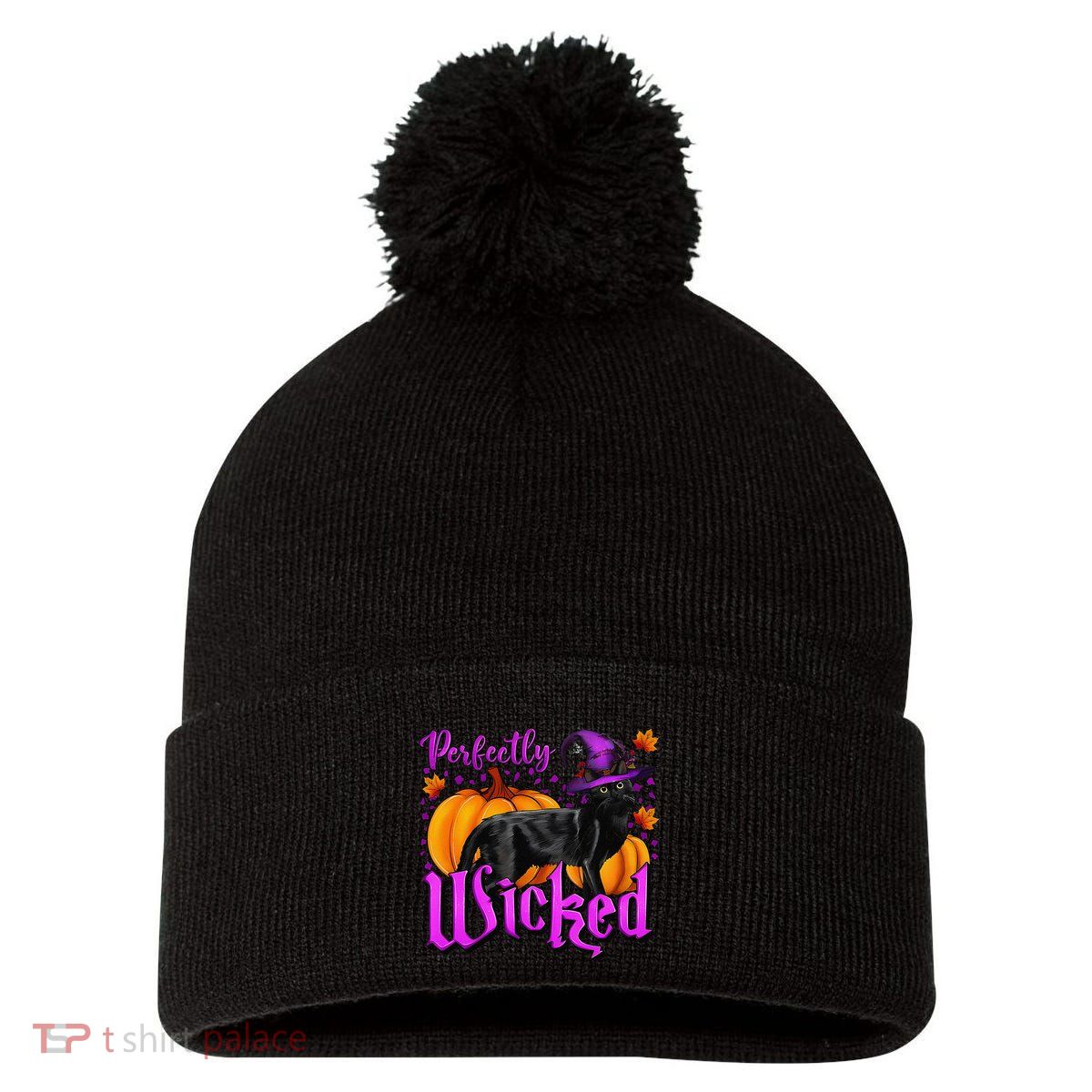 Perfectly Wicked Halloween Black Cat Witch Hat Pumpkin Pom Pom 12in Knit Beanie