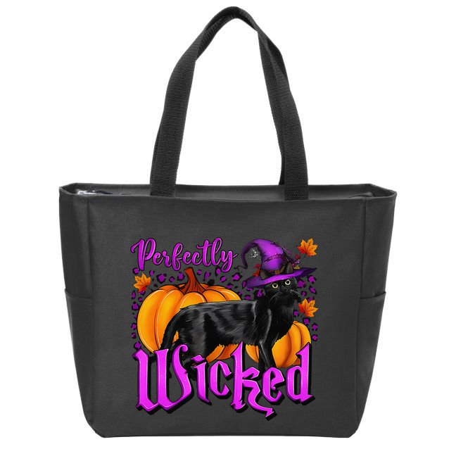 Perfectly Wicked Halloween Black Cat Witch Hat Pumpkin Zip Tote Bag