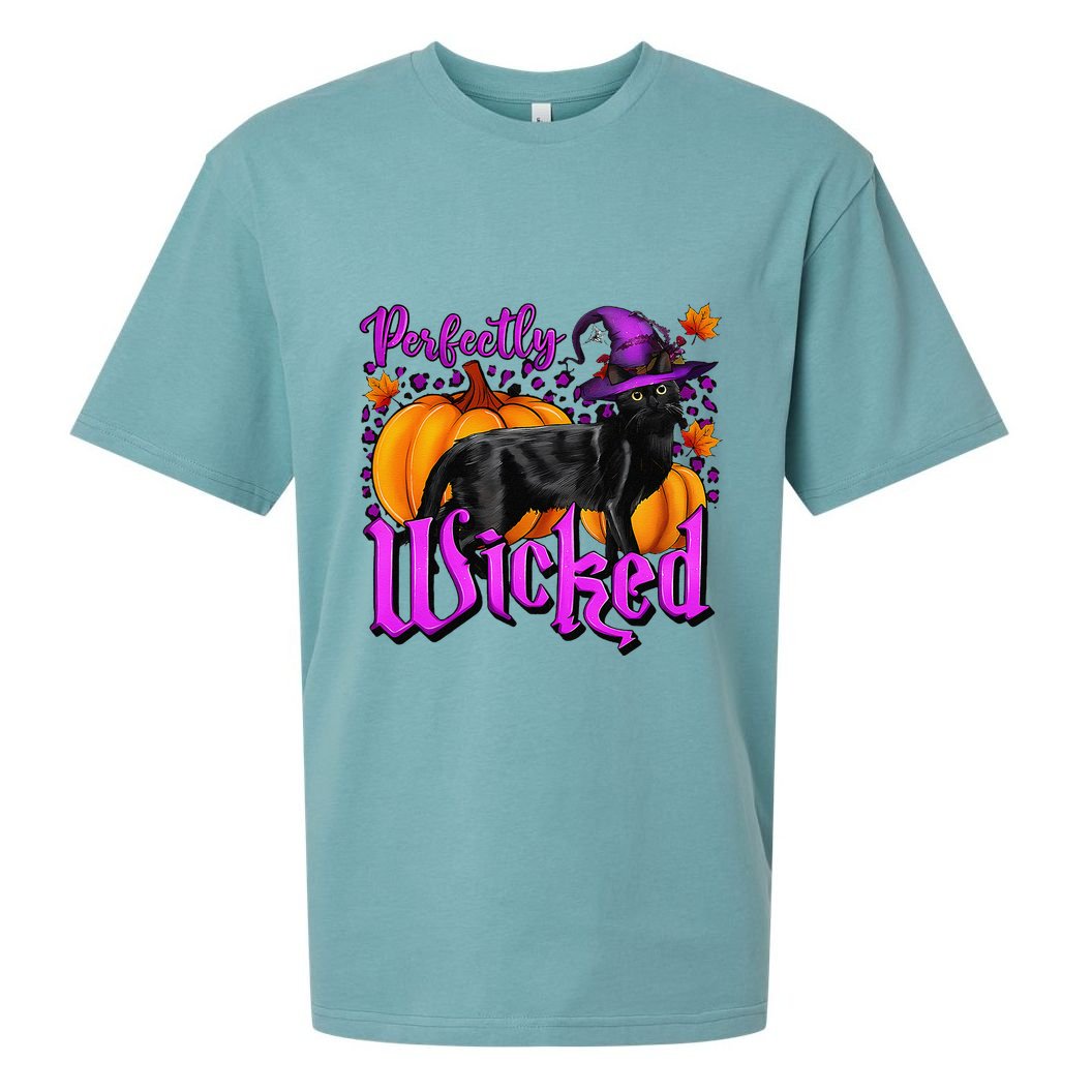Perfectly Wicked Halloween Black Cat Witch Hat Pumpkin Sueded Cloud Jersey T-Shirt