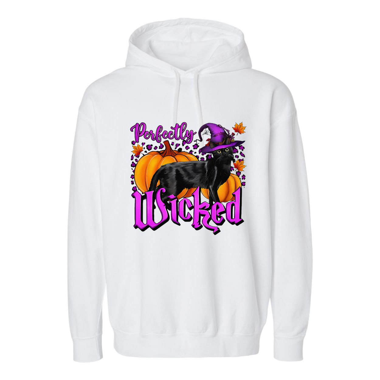 Perfectly Wicked Halloween Black Cat Witch Hat Pumpkin Garment-Dyed Fleece Hoodie