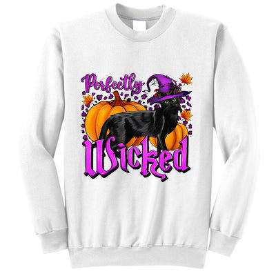 Perfectly Wicked Halloween Black Cat Witch Hat Pumpkin Sweatshirt