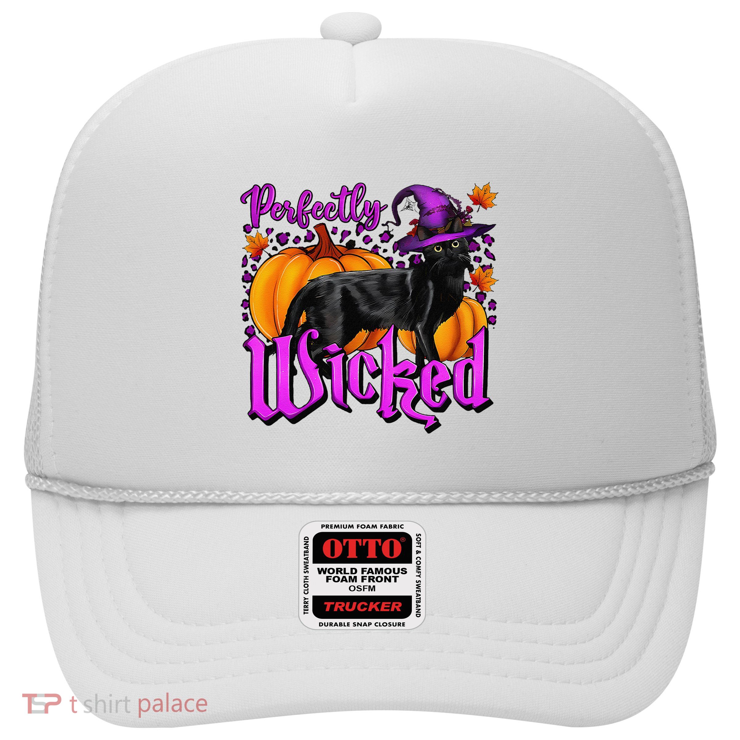 Perfectly Wicked Halloween Black Cat Witch Hat Pumpkin Trucker Hat