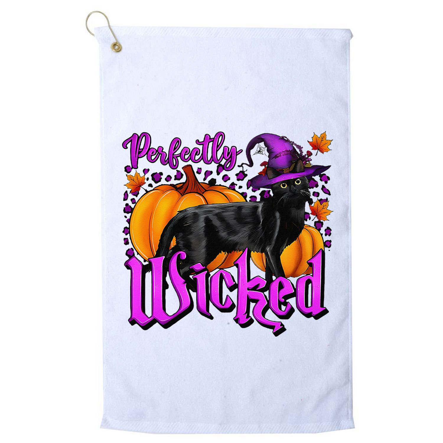 Perfectly Wicked Halloween Black Cat Witch Hat Pumpkin Golf Towel