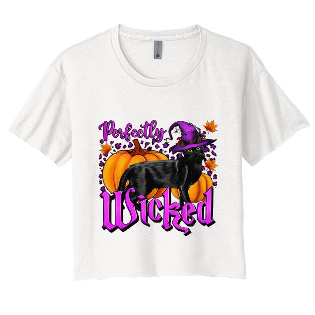 Perfectly Wicked Halloween Black Cat Witch Hat Pumpkin Crop Top