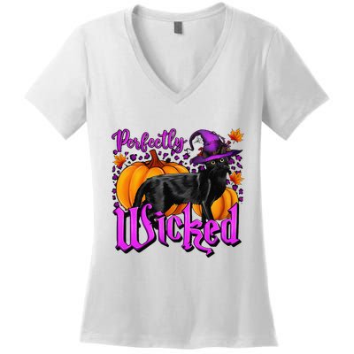 Perfectly Wicked Halloween Black Cat Witch Hat Pumpkin Women's V-Neck T-Shirt