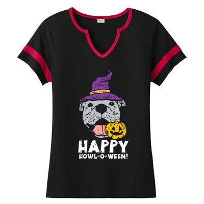 Pitbull Witch Happy Howl O Ween Pumpkin Halloween Pittie Dog Ladies Halftime Notch Neck Tee