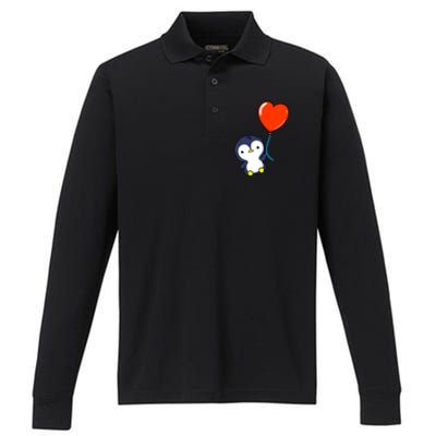 Penguin With Heart Balloon Valentines Day Penguin Great Gift Performance Long Sleeve Polo