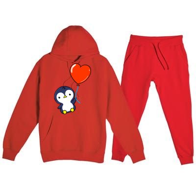 Penguin With Heart Balloon Valentines Day Penguin Great Gift Premium Hooded Sweatsuit Set