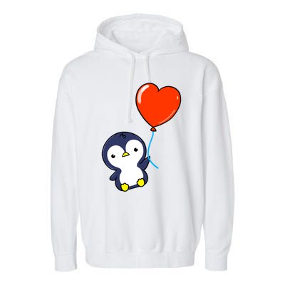 Penguin With Heart Balloon Valentines Day Penguin Great Gift Garment-Dyed Fleece Hoodie