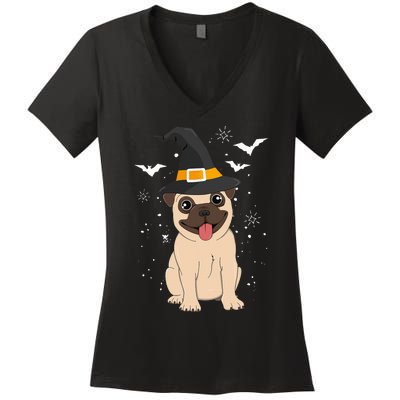 Pug Witch Halloween Dog Costume Spooky Pet Outfit for Trick or Treat Women's V-Neck T-Shirt