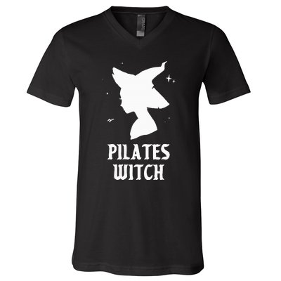 Pilates Witch Instructor Spooky Vibes Gym Halloween Costume V-Neck T-Shirt