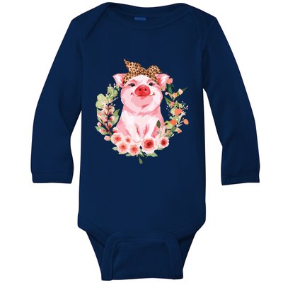 Pig With Leopard Headband Flower Cute Pig Lover Gifts Baby Long Sleeve Bodysuit