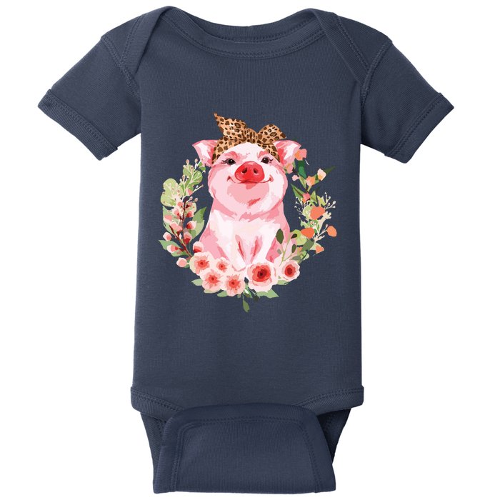 Pig With Leopard Headband Flower Cute Pig Lover Gifts Baby Bodysuit