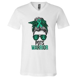 Pots Warrior Messy Bun Pots Awareness Day Pots Fighter V-Neck T-Shirt