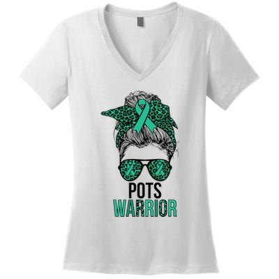 Pots Warrior Messy Bun Pots Awareness Day Pots Fighter Women's V-Neck T-Shirt