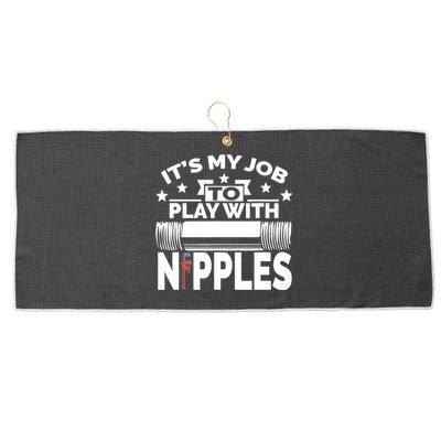 Play With Nipples | Funny Plumber + Pipefitter Large Microfiber Waffle Golf Towel