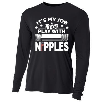 Play With Nipples | Funny Plumber + Pipefitter Cooling Performance Long Sleeve Crew