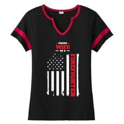 Proud Wife Of A Firefighter Distressed American Flag Cool Gift Ladies Halftime Notch Neck Tee