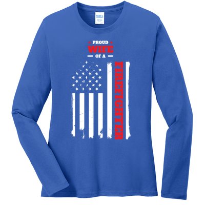 Proud Wife Of A Firefighter Distressed American Flag Cool Gift Ladies Long Sleeve Shirt