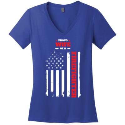 Proud Wife Of A Firefighter Distressed American Flag Cool Gift Women's V-Neck T-Shirt