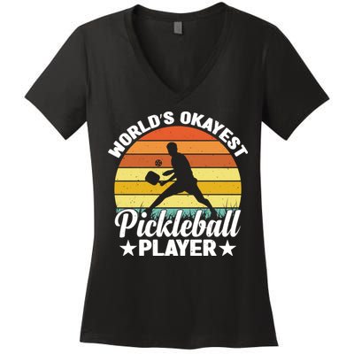 Pickleball World's Okayest Pickleball Player Funny Pickleball Women's V-Neck T-Shirt