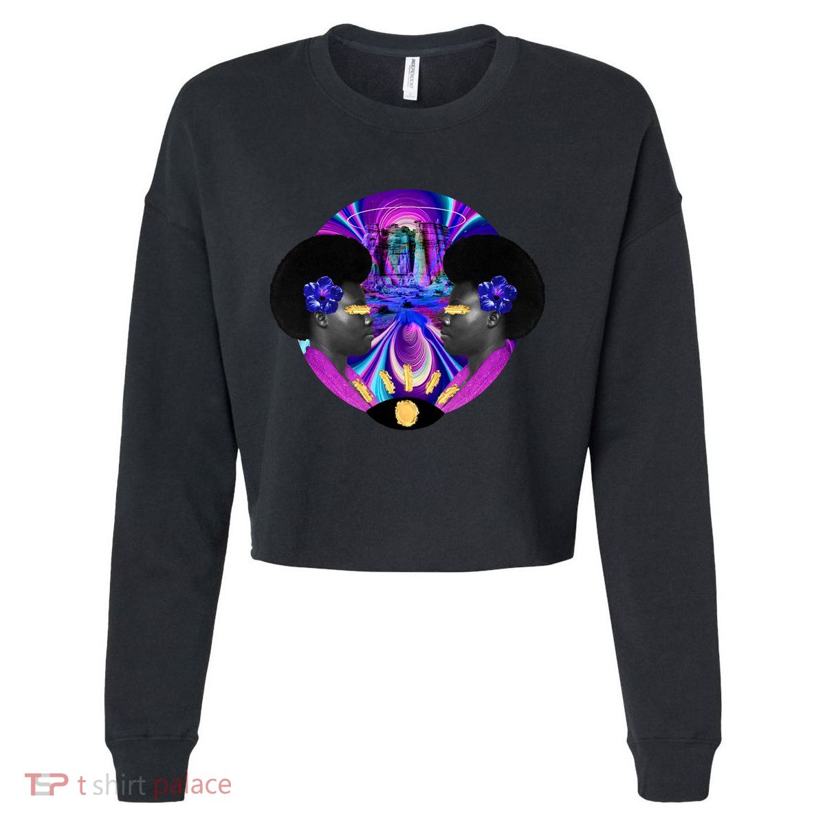 Psychedelic Woman Photographic Collage Cropped Pullover Crew