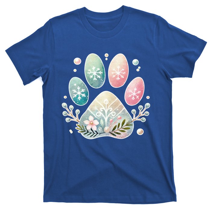 Pastel Winter Paw Print With Snowflakes And Florals Gift T-Shirt