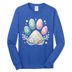 Pastel Winter Paw Print With Snowflakes And Florals Gift Tall Long Sleeve T-Shirt