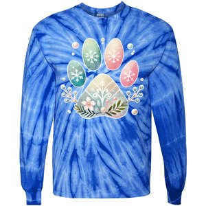 Pastel Winter Paw Print With Snowflakes And Florals Gift Tie-Dye Long Sleeve Shirt