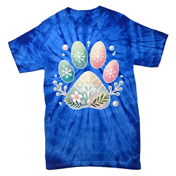 Pastel Winter Paw Print With Snowflakes And Florals Gift Tie-Dye T-Shirt