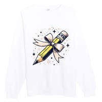 Pencil With Pink Coquette Bow Back To School Teacher Life Premium Crewneck Sweatshirt