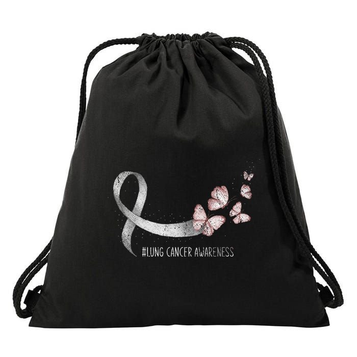 Pretty White Ribbon Support Lung Cancer Awareness Drawstring Bag