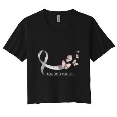 Pretty White Ribbon Support Lung Cancer Awareness Crop Top