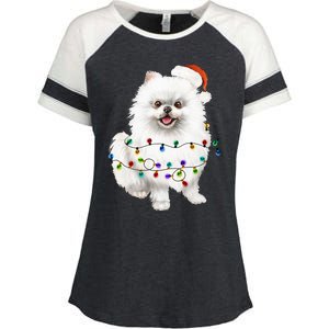 Pomeranian White Santa Christmas Tree Lights Xmas Dog Lover Enza Ladies Jersey Colorblock Tee