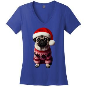 Pug With Santa Hat Christmas Xmas Dog Owner Lover Mom Dad Gift Women's V-Neck T-Shirt