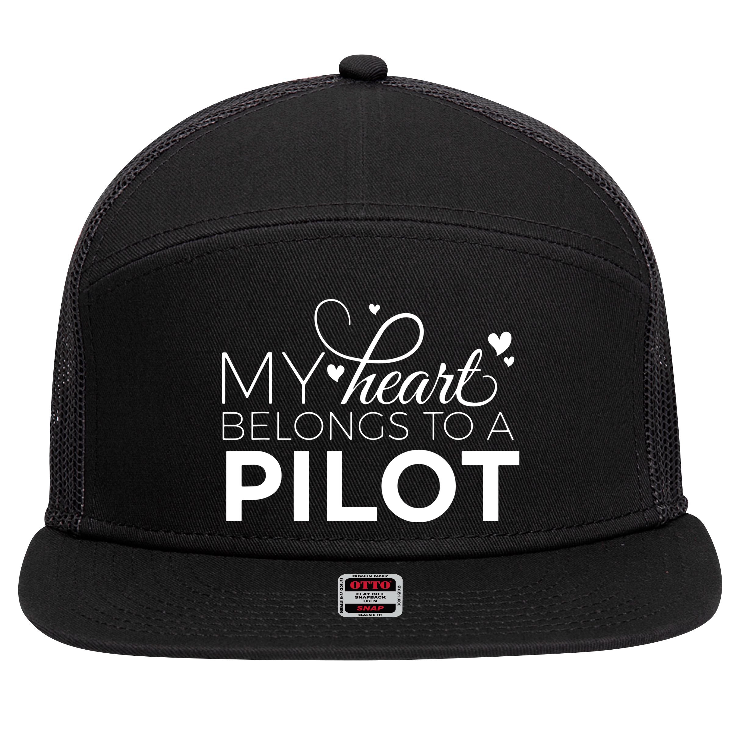 Pilot Wife Shirts My Heart Belongs To A Pilot Pilot Gift 7 Panel Mesh Trucker Snapback Hat